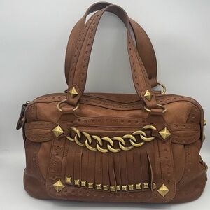 Michael Kors Made in Italy Vintage Leather Brass Studded Chain Fringe Satchel